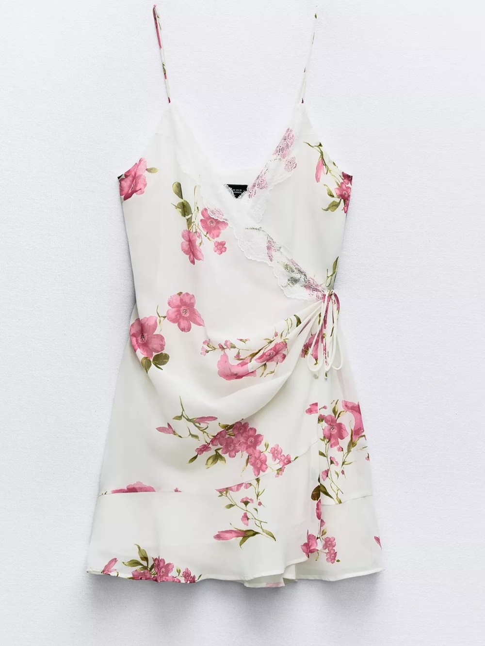 Zara White Floral lace trim Slip Mini Dress with Pink Blossoms